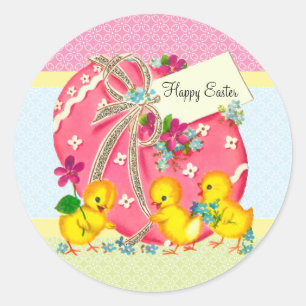 Vintage Chicks and Pink Easter Egg Custom Message Classic Round Sticker
