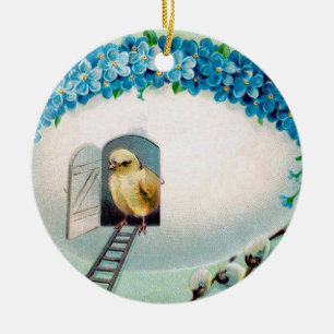 Vintage Chicks Easter Greeting Ceramic Ornament