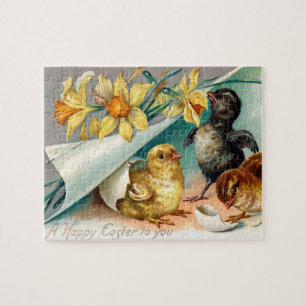Vintage Chicks with Yellow Flowers Easter Greeting Jigsaw Puzzle