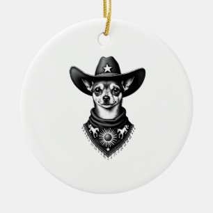 Vintage Chihuahua Cowboy Engraving Style Western D Ceramic Ornament