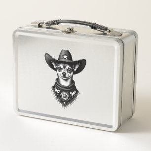 Vintage Chihuahua Cowboy Engraving Style Western D Metal Lunch Box