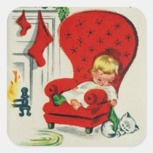 vintage Child and Cat Waiting For Santa Square Sticker