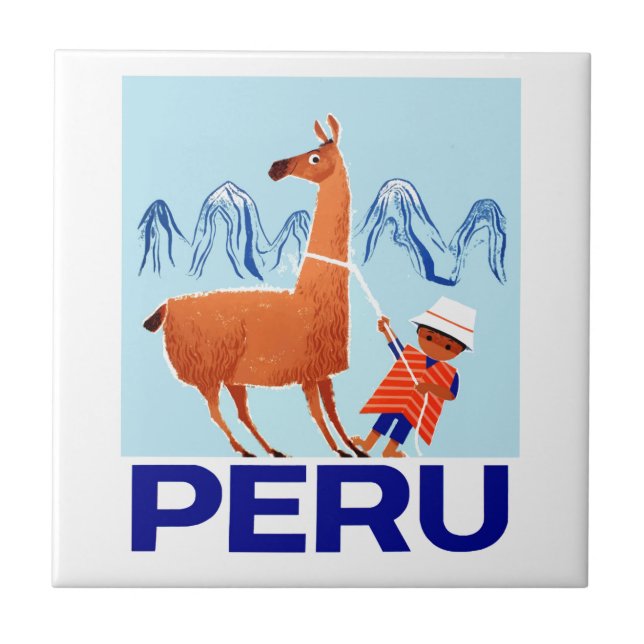 Vintage Child and Llama Peru Travel Poster Tile (Front)