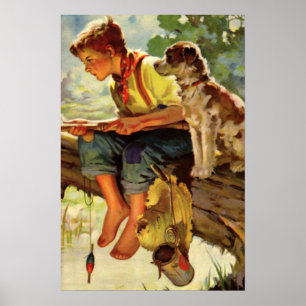 Vintage Child, Boy Fishing with His Pet Dog Mutt Poster
