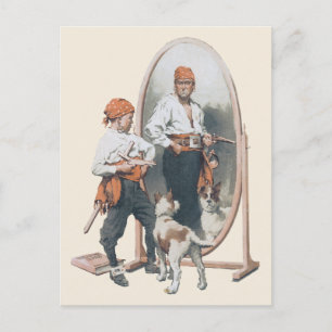 Vintage Child, Boy Pirate, Dog, Mirror, Buccaneer Postcard