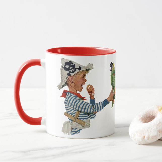 Vintage Child, Boy Playing Pirate Parrot Bird Mug (With Donut)