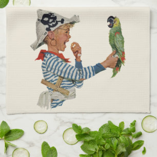 Vintage Child, Boy Playing Pirate Parrot Bird Tea Towel