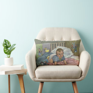 Vintage Child, Cute Baby Playing in Crib, Nap Time Lumbar Cushion