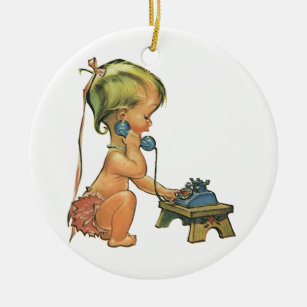 Vintage Child Cute Blonde Girl Talking on Toy Ceramic Tree Decoration