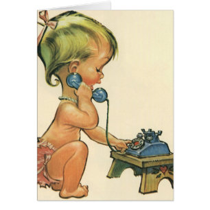 Vintage Child Cute Blonde Girl Talking on Toy Phon