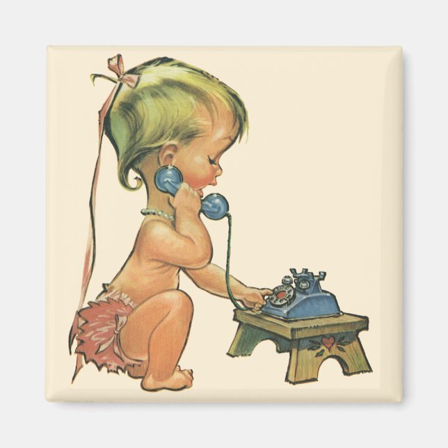 Vintage Child Cute Blonde Girl Talking on Toy Phon Magnet (Front)