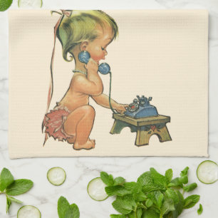 Vintage Child Cute Blonde Girl Talking on Toy Phon Tea Towel