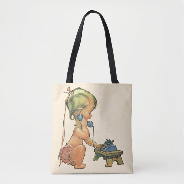 Vintage Child Cute Blonde Girl Talking on Toy Phon Tote Bag (Front)