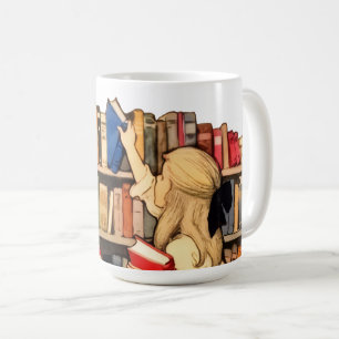 Vintage Child Girl at Library Bookshelf Coffee Mug