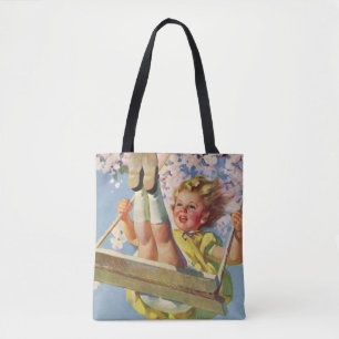 Vintage Child, Girl Swinging on a Tree Swing Play Tote Bag