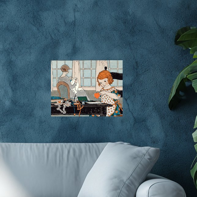Vintage Child Girl Valentine for Mother Poster (Little red haired girl making paper hearts for mother sitting in chair sewing on wall art poster.)
