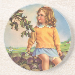 Vintage Child, Girl Watching Birds in Tree, Spring Coaster