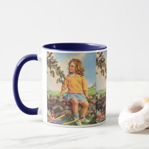 Vintage Child, Girl Watching Birds in Tree, Spring Mug