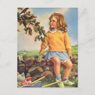 Vintage Child, Girl Watching Birds in Tree, Spring Postcard