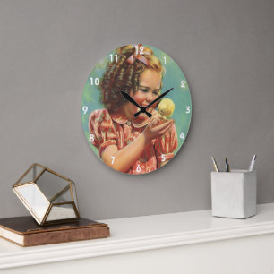 Vintage Child, Happy Smile, Girl with Baby Chick Large Clock