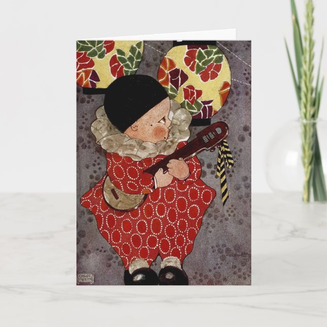 Vintage Child Harlequin, Musician Playing Banjo Card (Front)