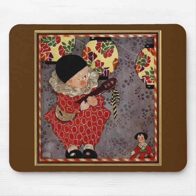 Vintage Child Harlequin, Musician Playing Banjo Mouse Pad (Front)