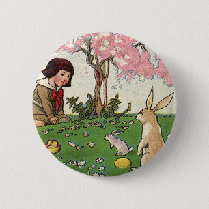 Vintage Child on an Easter Egg Hunt with Animals 6 Cm Round Badge
