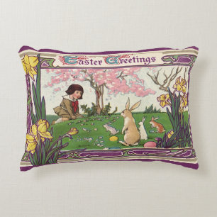 Vintage Child on an Easter Egg Hunt with Animals Decorative Cushion