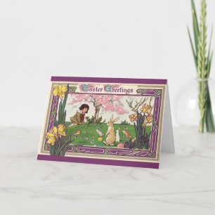 Vintage Child on an Easter Egg Hunt with Animals Holiday Card