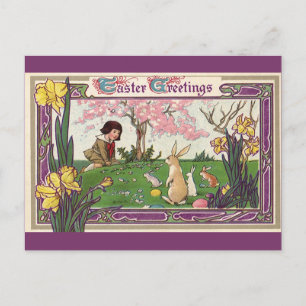 Vintage Child on an Easter Egg Hunt with Animals Holiday Postcard