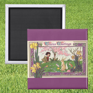 Vintage Child on an Easter Egg Hunt with Animals Magnet