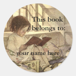 Vintage Child Reading a Book Bookplate Classic Round Sticker