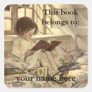 Vintage Child Reading a Book Bookplate Square Sticker