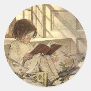 Vintage Child Reading a Book, Jessie Willcox Smith Classic Round Sticker