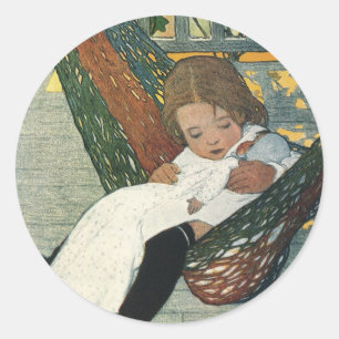 Vintage Child with a Doll by Jessie Willcox Smith Classic Round Sticker