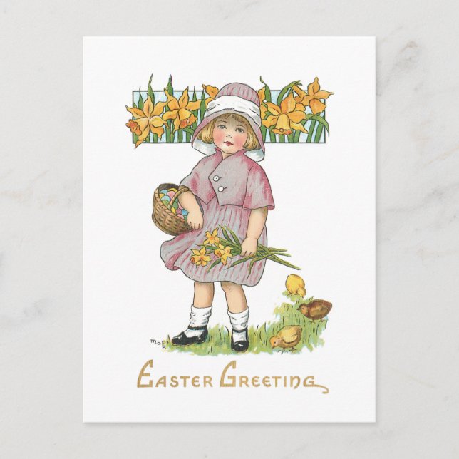 Vintage Child with Daffodils and Easter Greeting Postcard (Front)