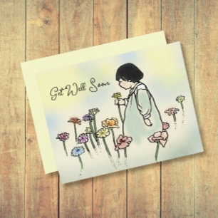 Vintage Child with Flowers Get Well Card 