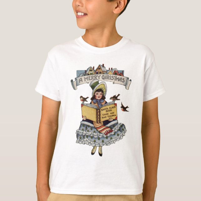 Vintage Child with Santa Claus Book T-Shirt (Front)