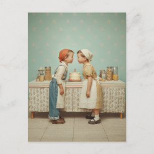 Vintage Childhood Birthday Kitchen Scene Postcard