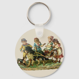 Vintage Children and Dog Wagon Key Ring