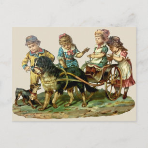Vintage Children and Dog Wagon Postcard