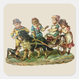 Vintage Children and Dog Wagon Square Sticker