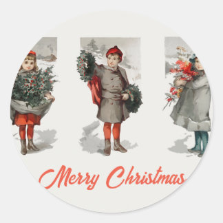 Vintage Children and Holly Winter Snow Christmas Classic Round Sticker
