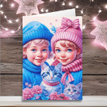 Vintage Children and Kittens Christmas Card<br><div class="desc">Pretty watercolor Christmas holiday card. Two cute vintage kids,  a boy and girl,  brother and sister holding kittens in blue and pink winter hats.</div>