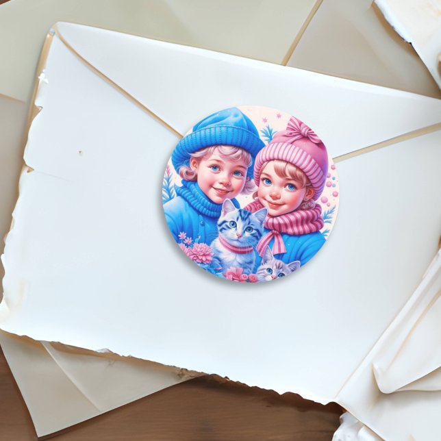 Vintage Children and Kittens Christmas Classic Round Sticker (Creator Uploaded)