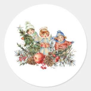 Vintage Children and the Angel of Christmas Classic Round Sticker