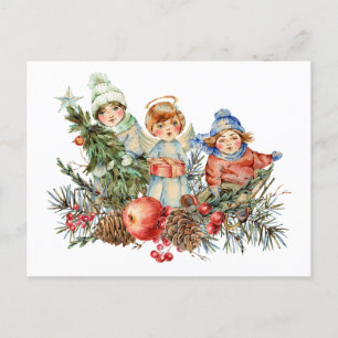 Vintage Children and the Angel of Christmas  Holiday Postcard