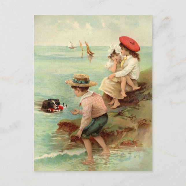 Vintage Children At The Beach Postcard (Front)