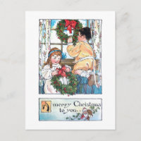 Vintage Children at Window w/Christmas Wreaths