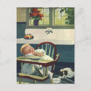 Vintage Children, Baby Sleeping Highchair Kitchen Postcard